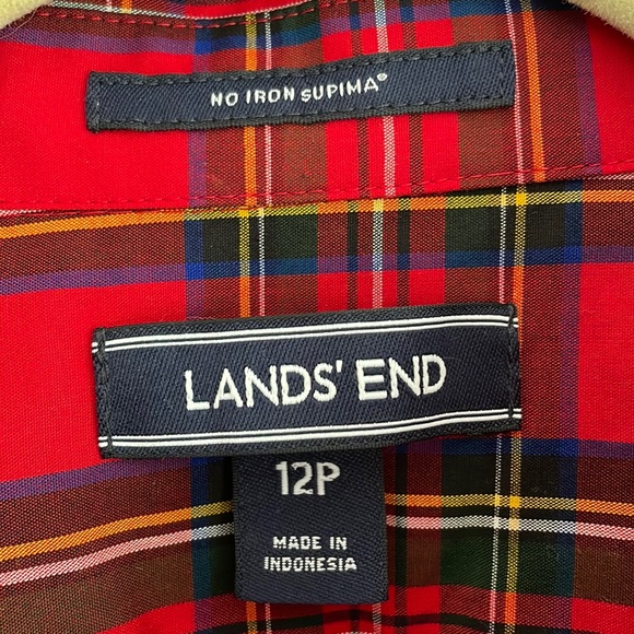Lands' End No Iron Supima Red Tartan Plaid Long Sleeve Button up Shirt Size 12P - Picture 4 of 7